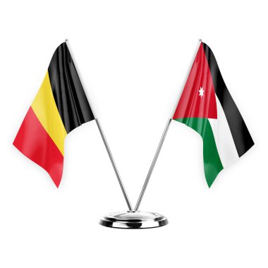 Two table flags isolated on white background 3d illustration, belgium and jordan