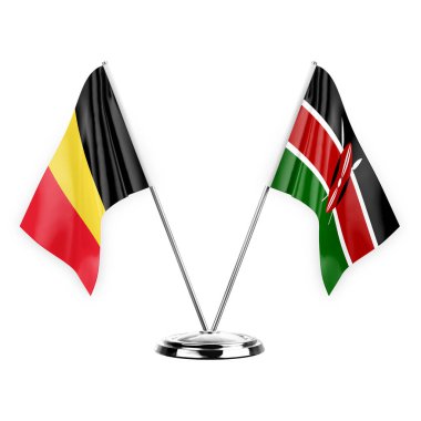 Two table flags isolated on white background 3d illustration, belgium and kenya