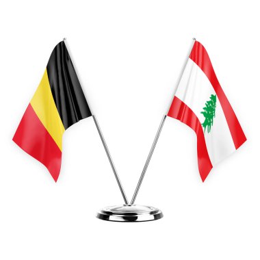 Two table flags isolated on white background 3d illustration, belgium and lebanon