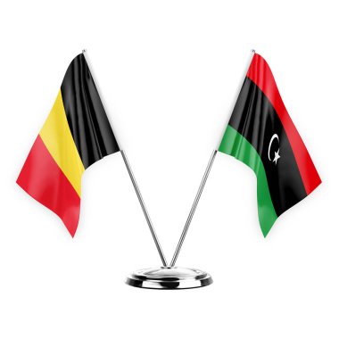 Two table flags isolated on white background 3d illustration, belgium and libya