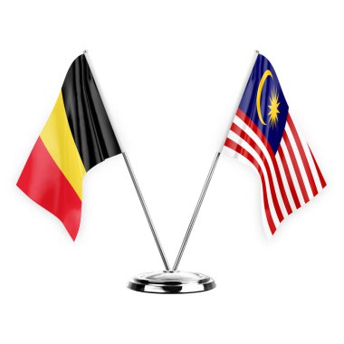 Two table flags isolated on white background 3d illustration, belgium and malaysia