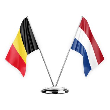 Two table flags isolated on white background 3d illustration, belgium and netherlands