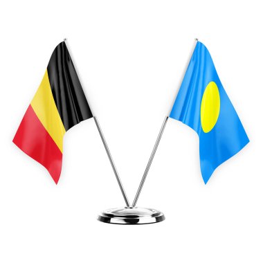 Two table flags isolated on white background 3d illustration, belgium and palau