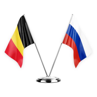 Two table flags isolated on white background 3d illustration, belgium and russia