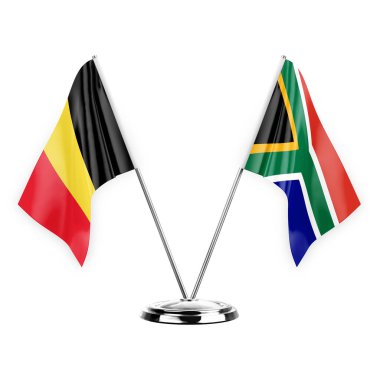 Two table flags isolated on white background 3d illustration, belgium and south africa