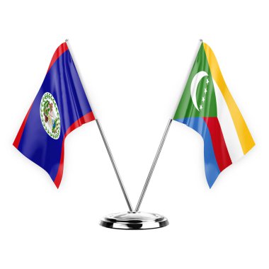 Two table flags isolated on white background 3d illustration, belize and comoros