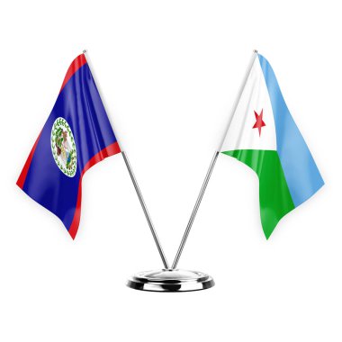 Two table flags isolated on white background 3d illustration, belize and djibouti