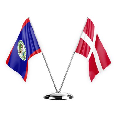Two table flags isolated on white background 3d illustration, belize and denmark