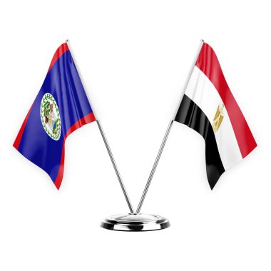 Two table flags isolated on white background 3d illustration, belize and egypt