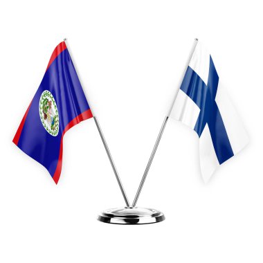 Two table flags isolated on white background 3d illustration, belize and finland
