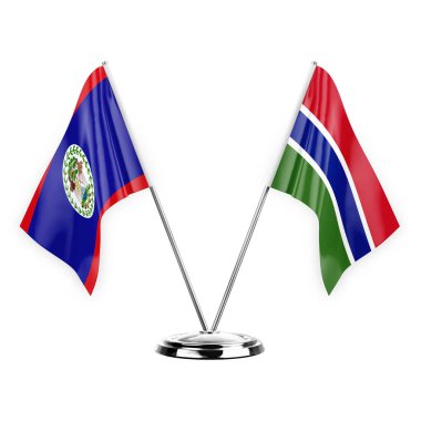 Two table flags isolated on white background 3d illustration, belize and gambia
