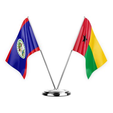 Two table flags isolated on white background 3d illustration, belize and guinea-bissau