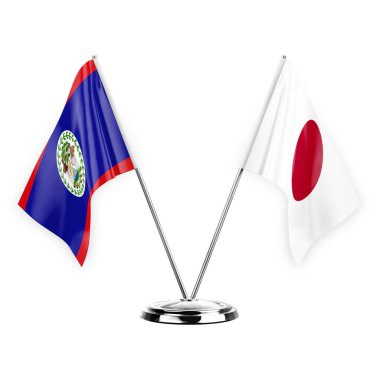 Two table flags isolated on white background 3d illustration, belize and japan