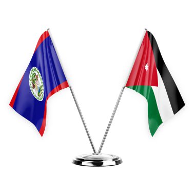 Two table flags isolated on white background 3d illustration, belize and jordan