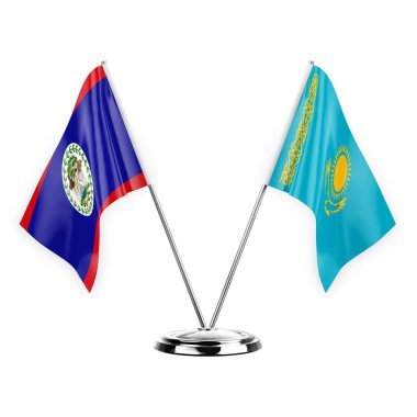 Two table flags isolated on white background 3d illustration, belize and kazakhstan