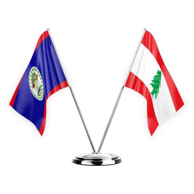 Two table flags isolated on white background 3d illustration, belize and lebanon