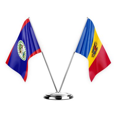 Two table flags isolated on white background 3d illustration, belize and moldova