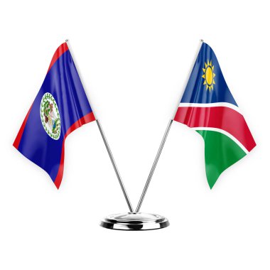 Two table flags isolated on white background 3d illustration, belize and namibia