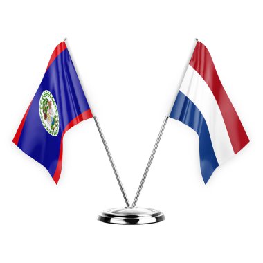 Two table flags isolated on white background 3d illustration, belize and netherlands