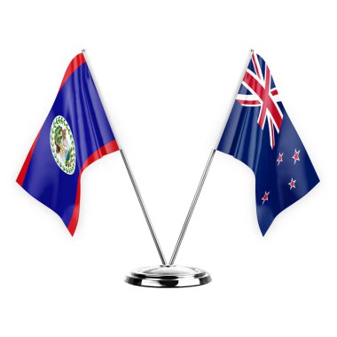 Two table flags isolated on white background 3d illustration, belize and new zealand