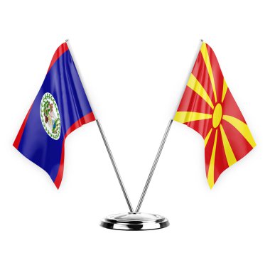 Two table flags isolated on white background 3d illustration, belize and north macedonia