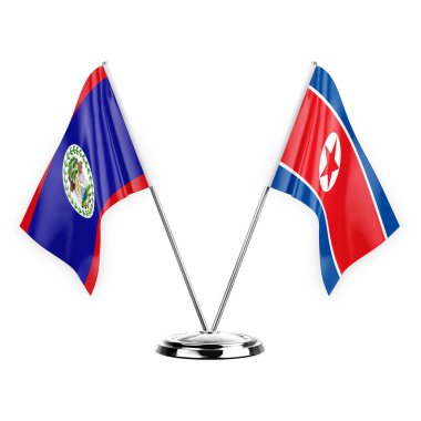 Two table flags isolated on white background 3d illustration, belize and north korea