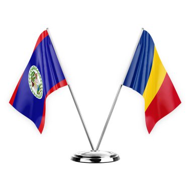 Two table flags isolated on white background 3d illustration, belize and romania