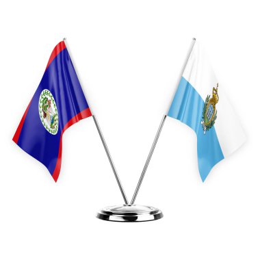 Two table flags isolated on white background 3d illustration, belize and san marino