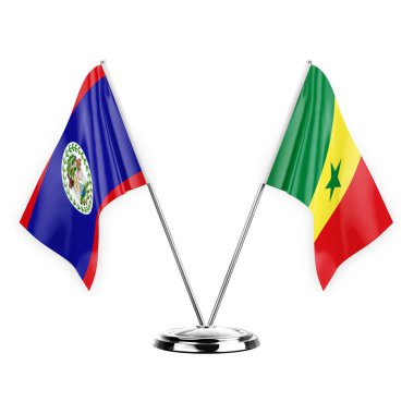 Two table flags isolated on white background 3d illustration, belize and senegal