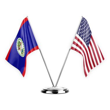 Two table flags isolated on white background 3d illustration, belize and usa