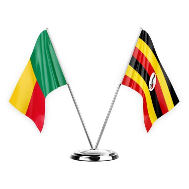 Two table flags isolated on white background 3d illustration, benin and uganda