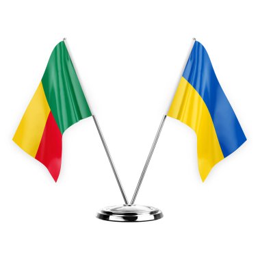 Two table flags isolated on white background 3d illustration, benin and ukraine