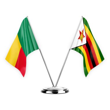 Two table flags isolated on white background 3d illustration, benin and zimbabwe