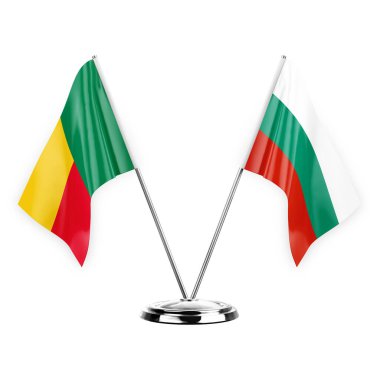 Two table flags isolated on white background 3d illustration, benin and bulgaria