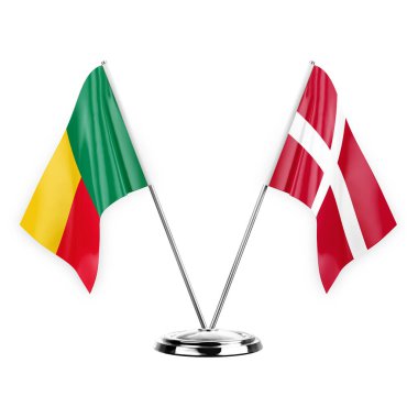 Two table flags isolated on white background 3d illustration, benin and denmark