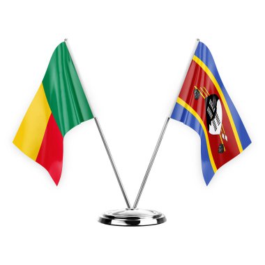 Two table flags isolated on white background 3d illustration, benin and eswatini