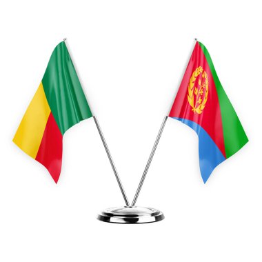 Two table flags isolated on white background 3d illustration, benin and eritrea