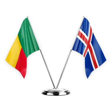 Two table flags isolated on white background 3d illustration, benin and iceland