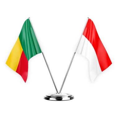 Two table flags isolated on white background 3d illustration, benin and indonesia