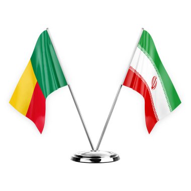 Two table flags isolated on white background 3d illustration, benin and iran