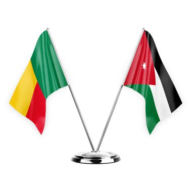 Two table flags isolated on white background 3d illustration, benin and jordan