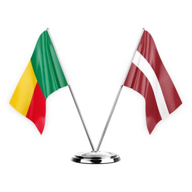 Two table flags isolated on white background 3d illustration, benin and latvia