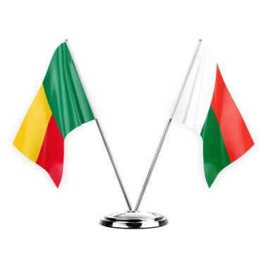 Two table flags isolated on white background 3d illustration, benin and madagascar