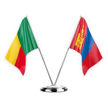 Two table flags isolated on white background 3d illustration, benin and mongolia