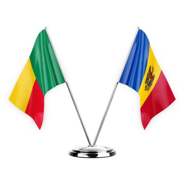 Two table flags isolated on white background 3d illustration, benin and moldova