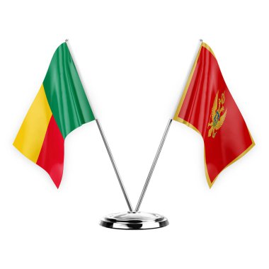 Two table flags isolated on white background 3d illustration, benin and montenegro
