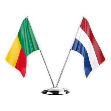 Two table flags isolated on white background 3d illustration, benin and netherlands
