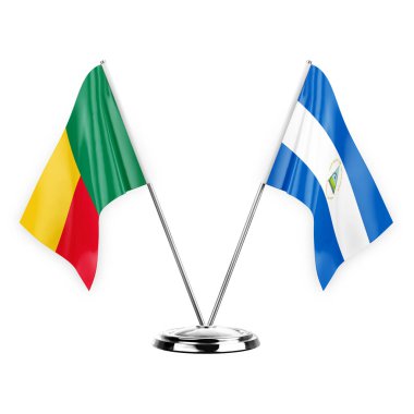 Two table flags isolated on white background 3d illustration, benin and nicaragua
