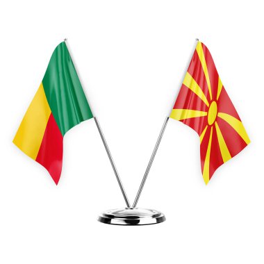 Two table flags isolated on white background 3d illustration, benin and north macedonia
