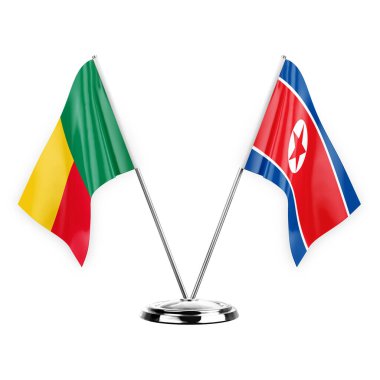 Two table flags isolated on white background 3d illustration, benin and north korea